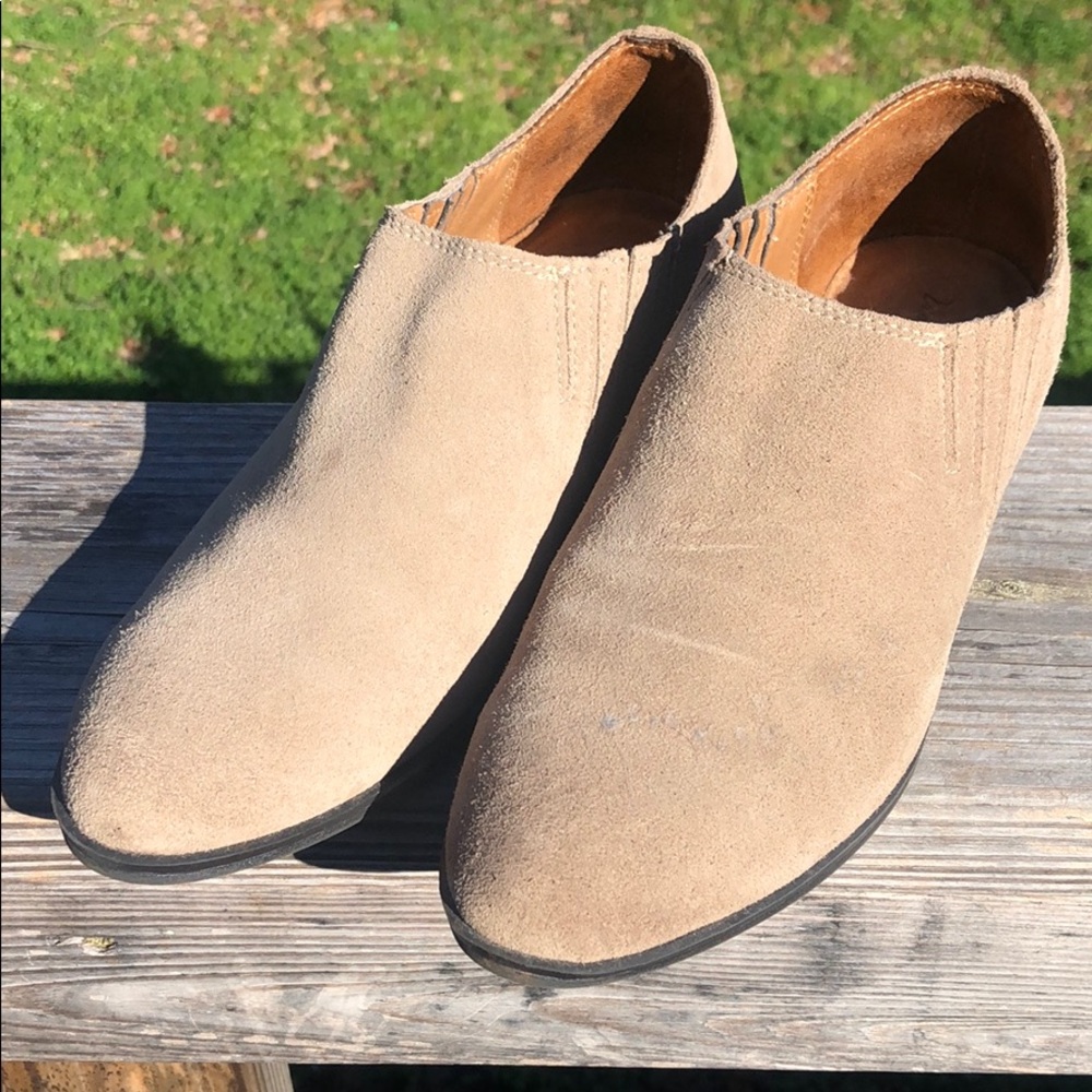 Taupe cream m short suede booties.Slip on comfort!